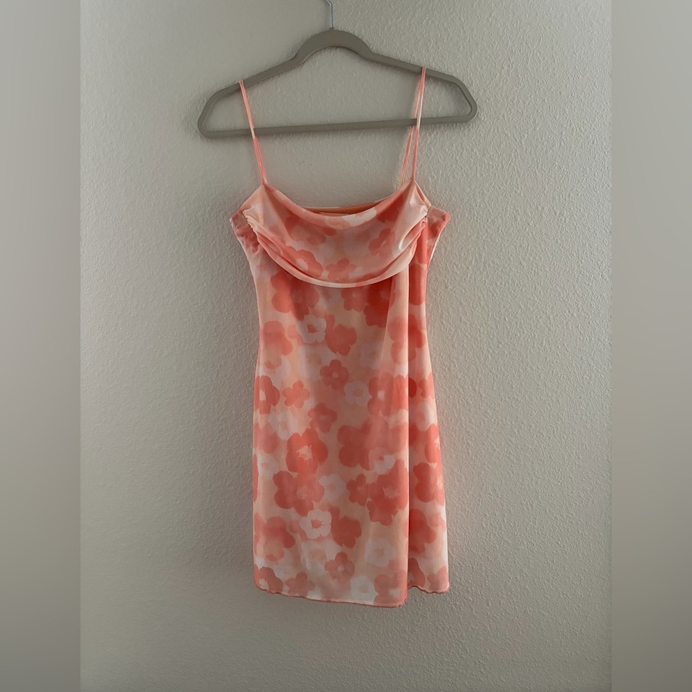 See You Monday Floral Cowl Neck Mini Dress Pink Peach Y2K Slip Dress Size L